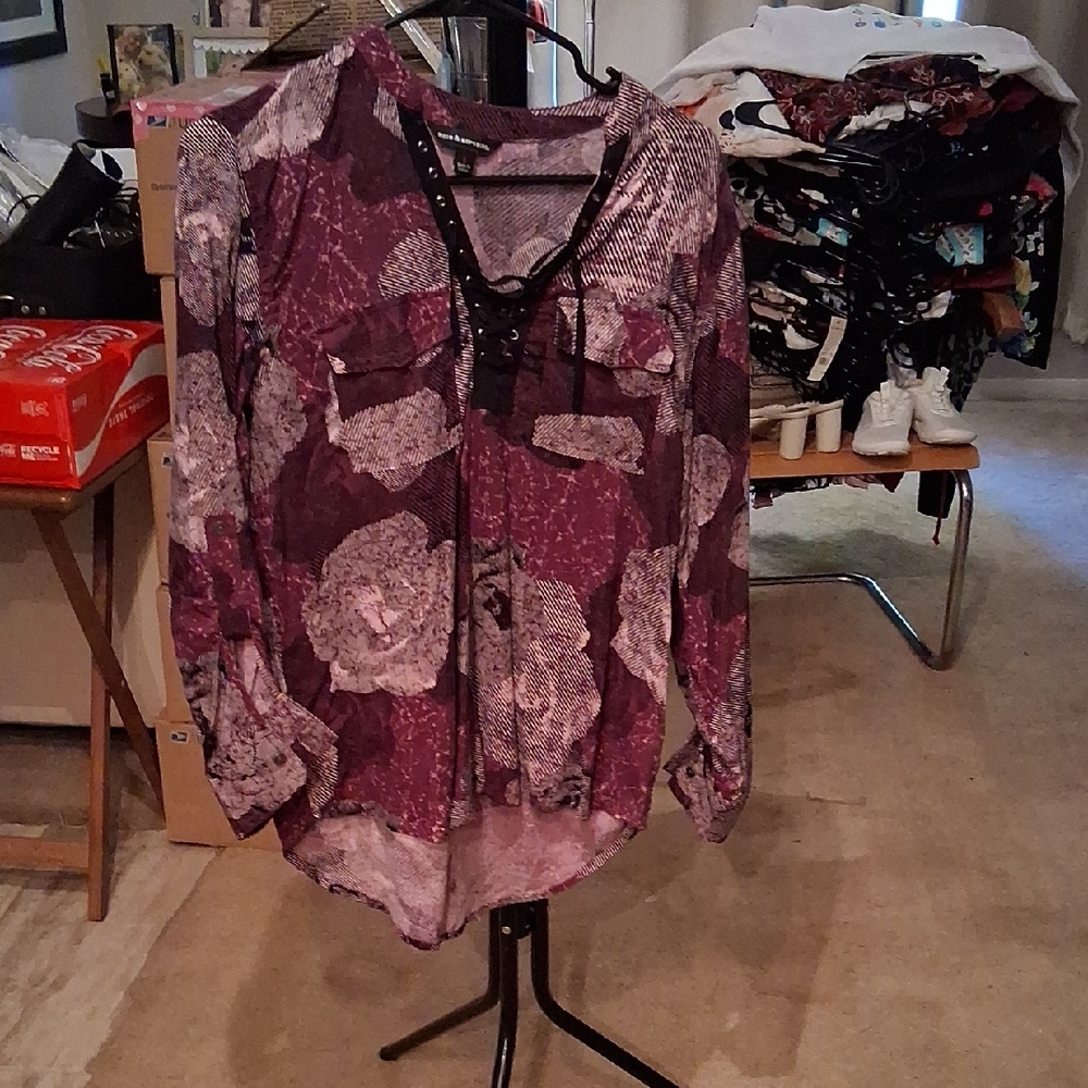Rock & Republic Burgundy Floral Lace-Up Blouse